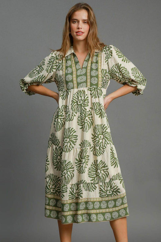 Umgee Full Size Border Print Tiered Midi Dress Plus Size - Shop Style & More | Fresh Looks, Everyday Deals & Free Shipping