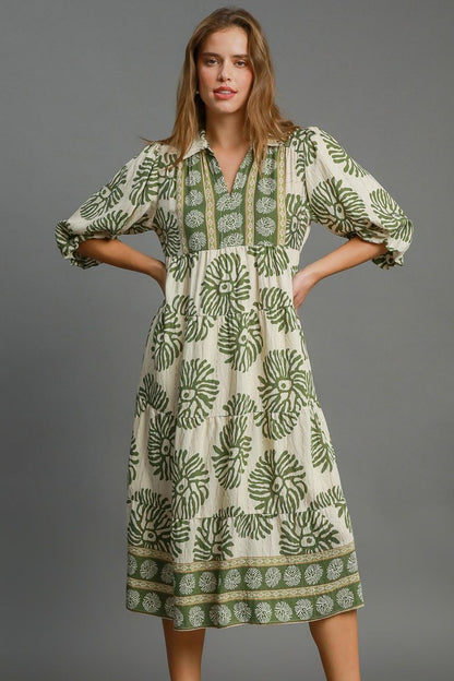 Umgee Full Size Border Print Tiered Midi Dress Plus Size Matcha Green Casual Dresses