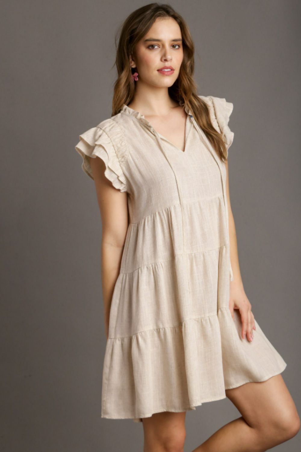 Umgee Full Size Linen A-line Tiered Mini Dress Plus Size OATMEAL Casual Dresses