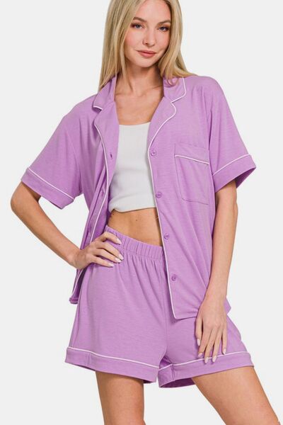 Zenana Button Down Short Sleeve Top and Shorts Lounge Set Lounge Set