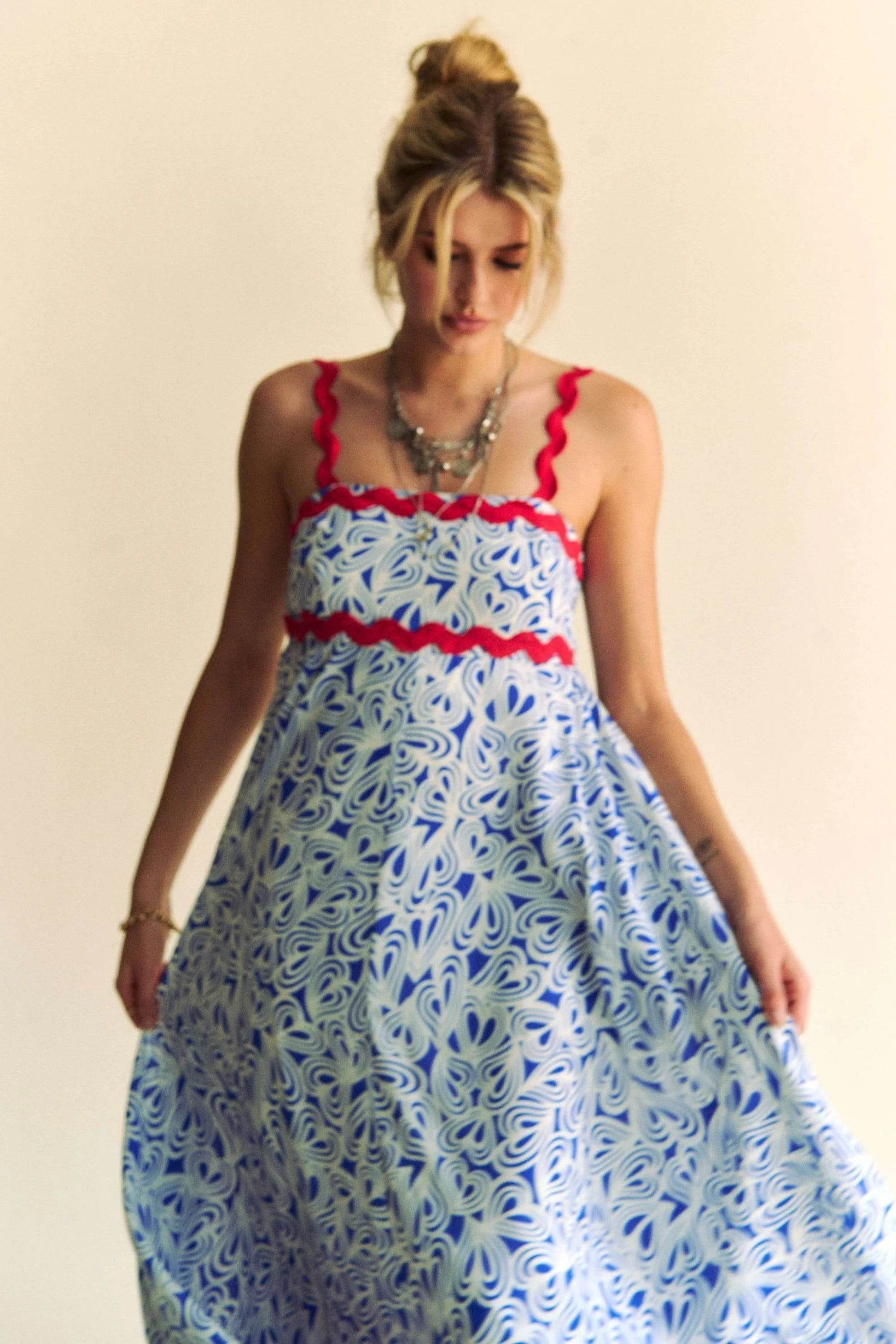 Davi & Dani Geo 2 Tone Printed Wavi Trim Tiered Maxi Dress - Shop Style & More | Fresh Looks, Everyday Deals & Free Shipping