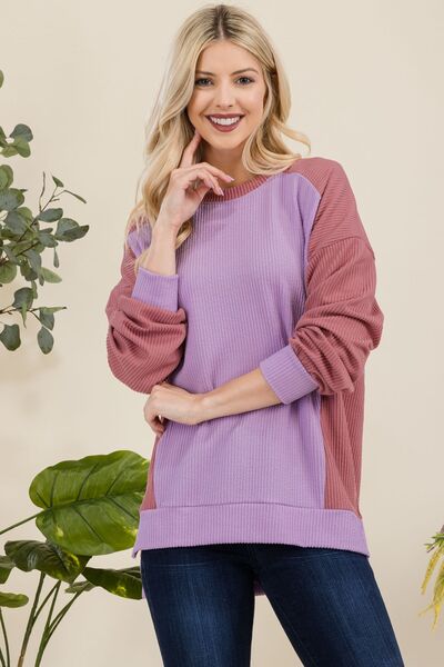 Celeste Full Size High-Low Contrast Round Neck Sweatshirt Hoodies & Sweaters