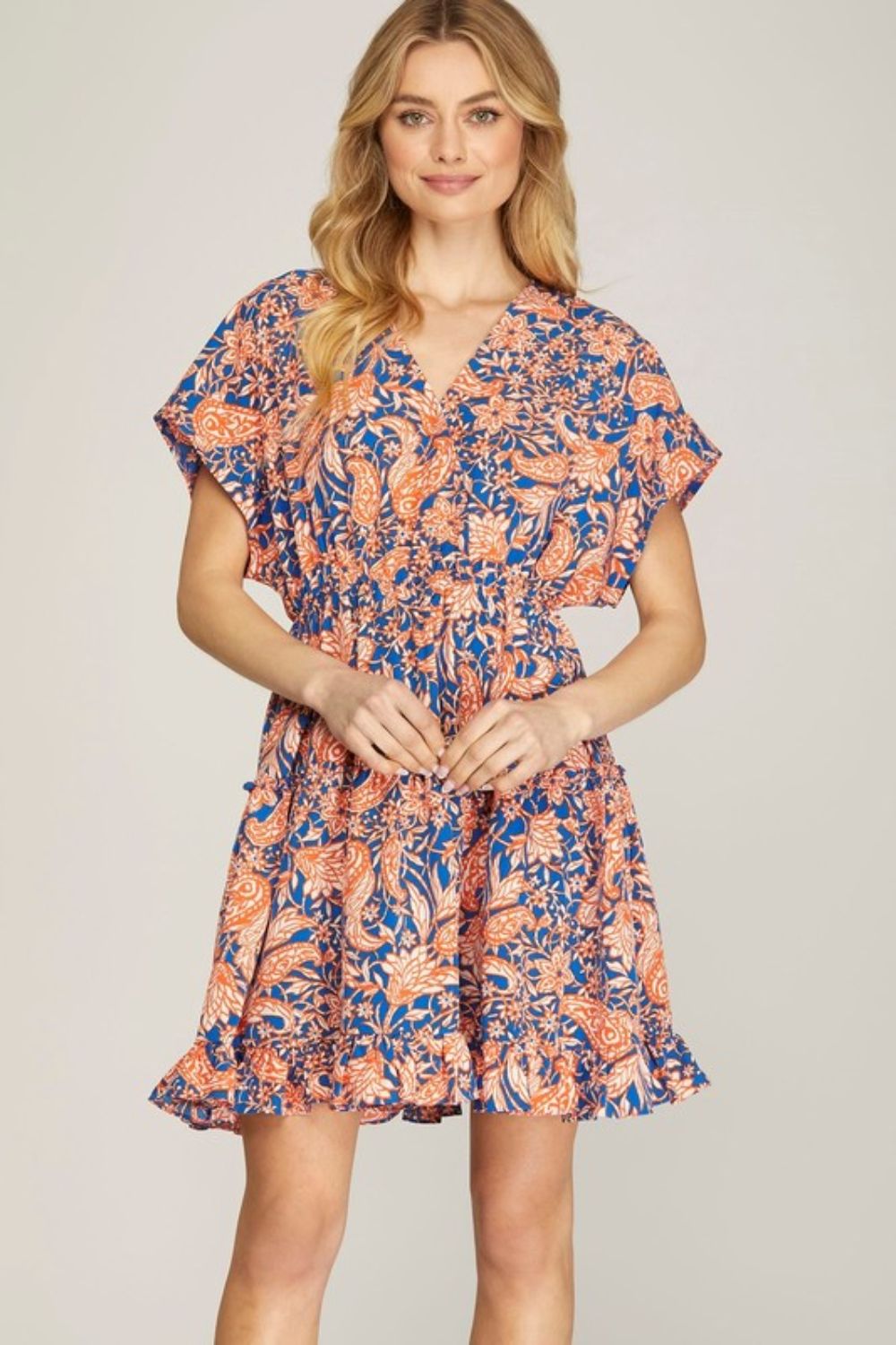 She + Sky Full Size Ruffled Hem Printed Surplice Kimono Sleeve Mini Dress Plus Size Royal Blue Casual Dresses