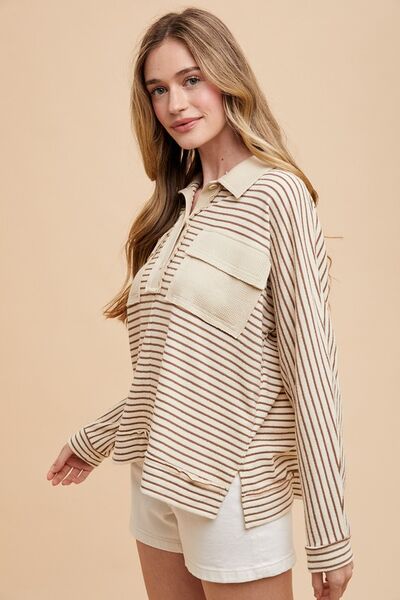 Annie Wear Striped Button Detail Long Sleeve Polo Top Blouses