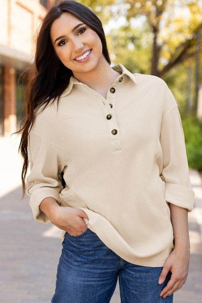 Arianna Waffle Half Button Top - Shop Style & More | Fresh Looks, Everyday Deals & Free Shipping