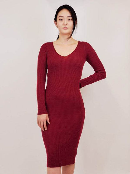 V-Neck Sheer Ribbed Knit Long Sleeve Sweater Dress - Shop Style & More | Fresh Looks, Everyday Deals & Free Shipping