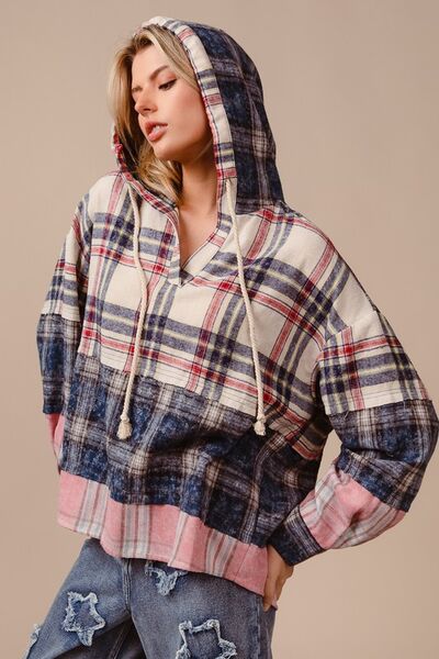 BiBi Drawstring Plaid Drop Shoulder Hoodie Hoodies & Sweaters