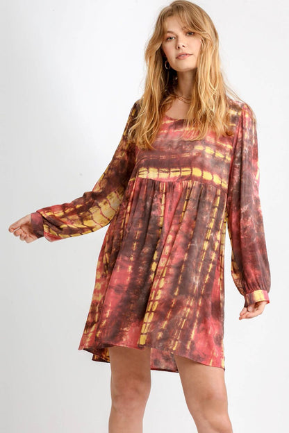 Umgee Full Size Tie Dye Long Sleeve Babydoll Dress with Keyhole Plus Size CORAL MOCHA Casual Dresses