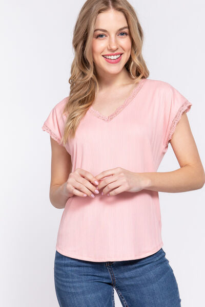 ACTIVE BASIC Lace Trim V-Neck Ribbed Top with Short Sleeves PINK Blouses