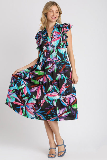 Umgee Full Size Leaf Print Double Layered Ruffle Sleeve Tiered Midi Dress Plus Size BLACKMIX Casual Dresses