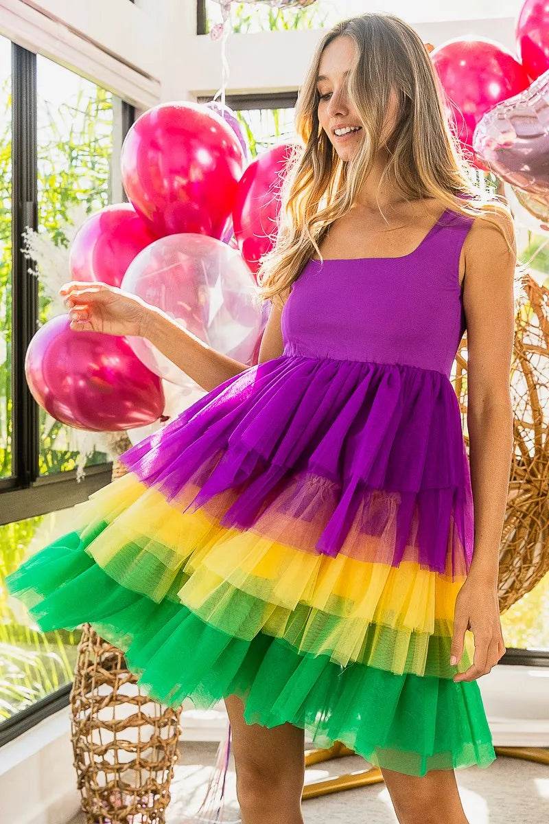 BiBi Mardi Gras Color Block Layered Mesh Tiered Dress - Shop Style & More | Fresh Looks, Everyday Deals & Free Shipping