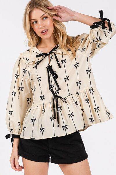 SAGE + FIG Bow Print Tie Front Babydoll Blouse - Shop Style & More | Fresh Looks, Everyday Deals & Free Shipping