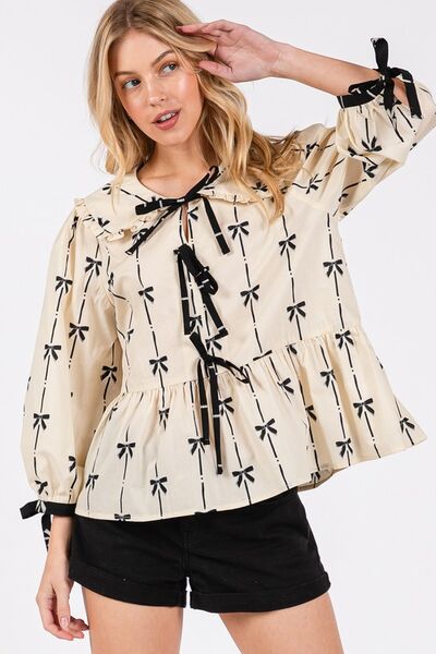 SAGE + FIG Bow Print Tie Front Babydoll Blouse Cream Blouses