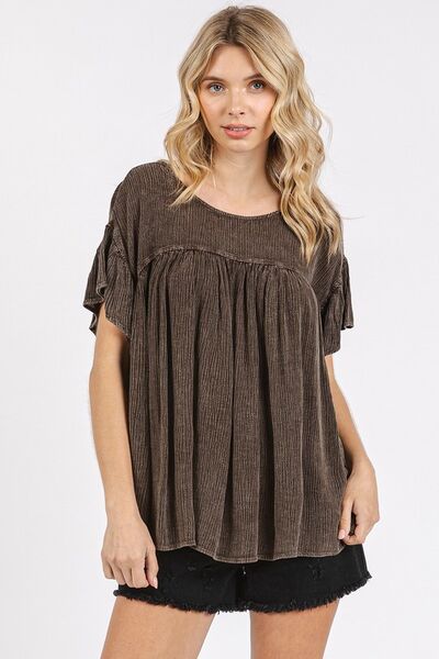 Mittoshop Mineral Washed Round Neck Ruffle Sleeve Blouse Chocolate Blouses