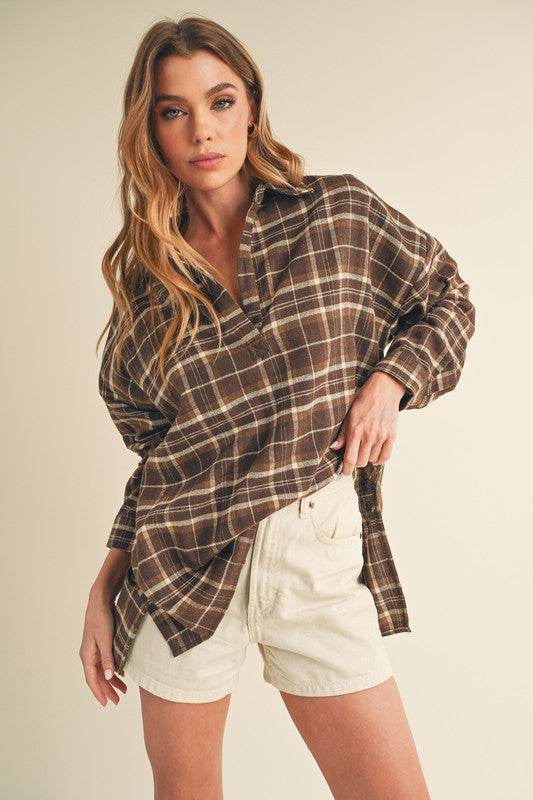 Aemi + Co Side Slit High-Low Plaid Long Sleeve Polo Shirt - Shop Style & More | Fresh Looks, Everyday Deals & Free Shipping