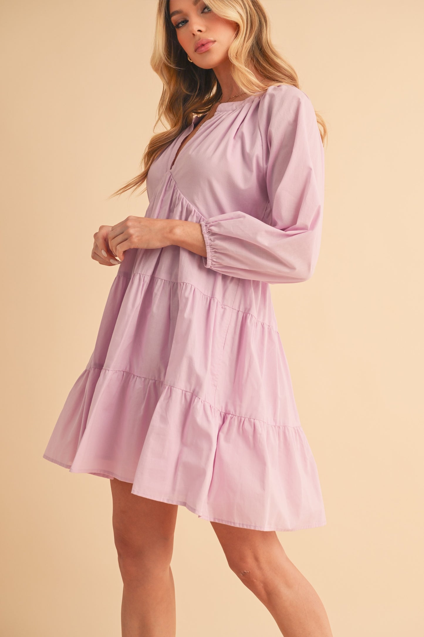 Aemi + Co Notched Balloon Sleeve Tiered Mini Dress Casual Dresses