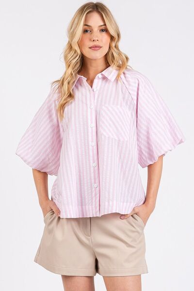 Mittoshop Button Down Striped Puff Sleeve Shirt Pink Blouses