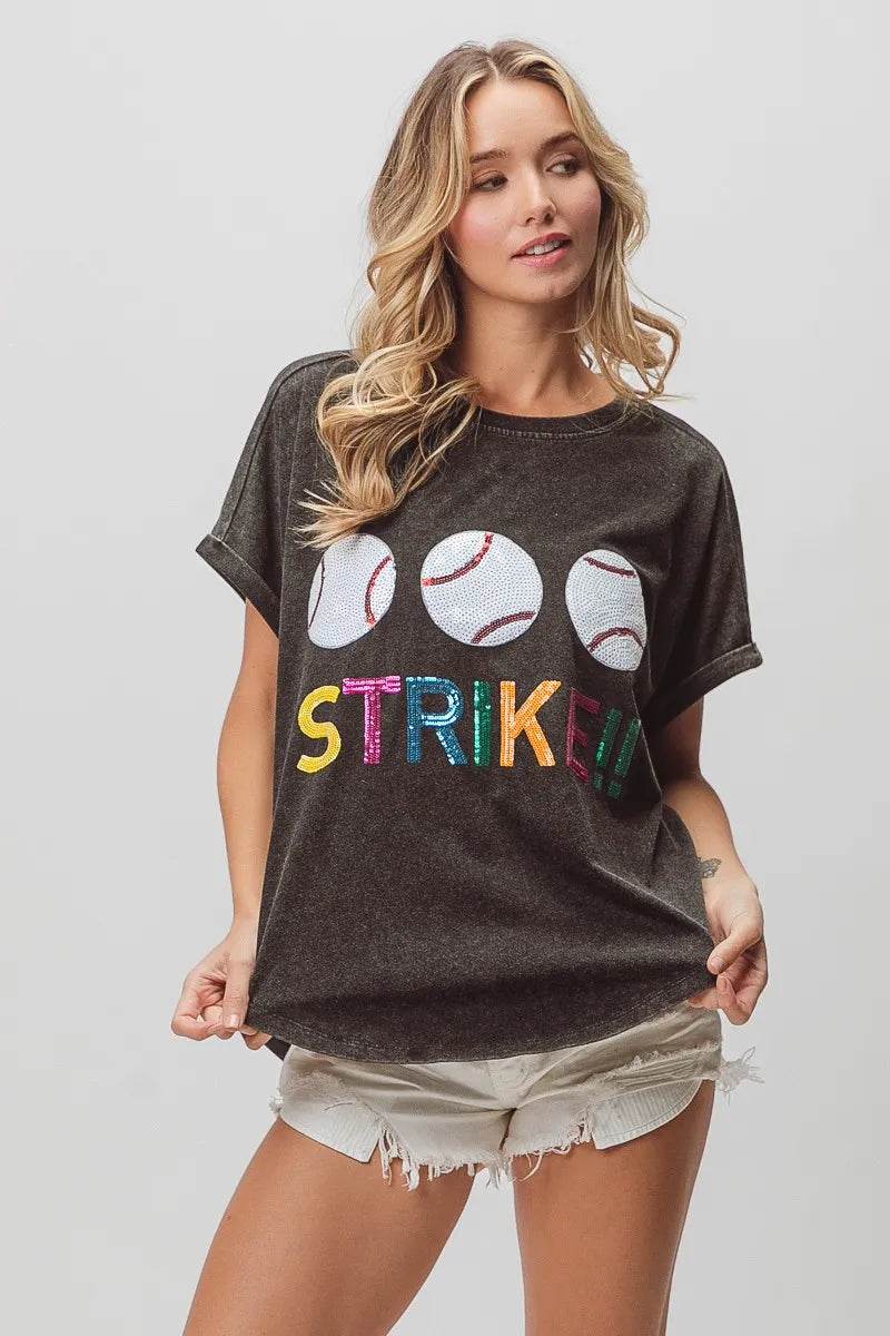 BiBi Sequin Baseballs Strike Washed Short Sleeve Top - Shop Style & More | Fresh Looks, Everyday Deals & Free Shipping