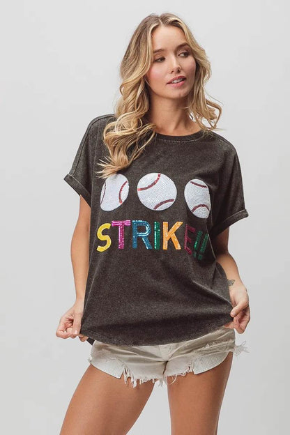 BiBi Sequin Baseballs Strike Washed Short Sleeve Top - Shop Style & More | Fresh Looks, Everyday Deals & Free Shipping