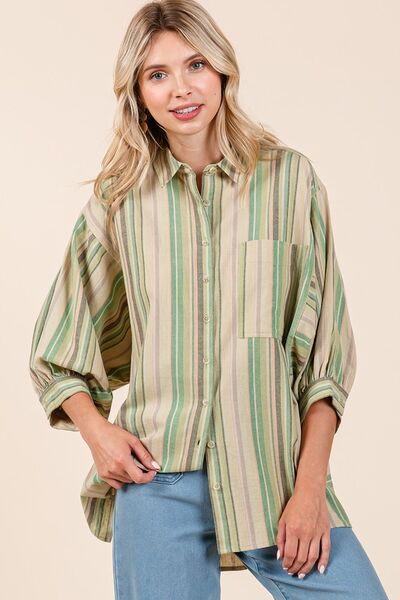 Mittoshop Striped Bubble Sleeve Button Down Shirt Blouses