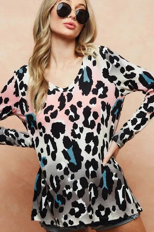 BiBi Gradation Leopard Print Soft Knit Deep U Neck Top - Shop Style & More | Fresh Looks, Everyday Deals & Free Shipping