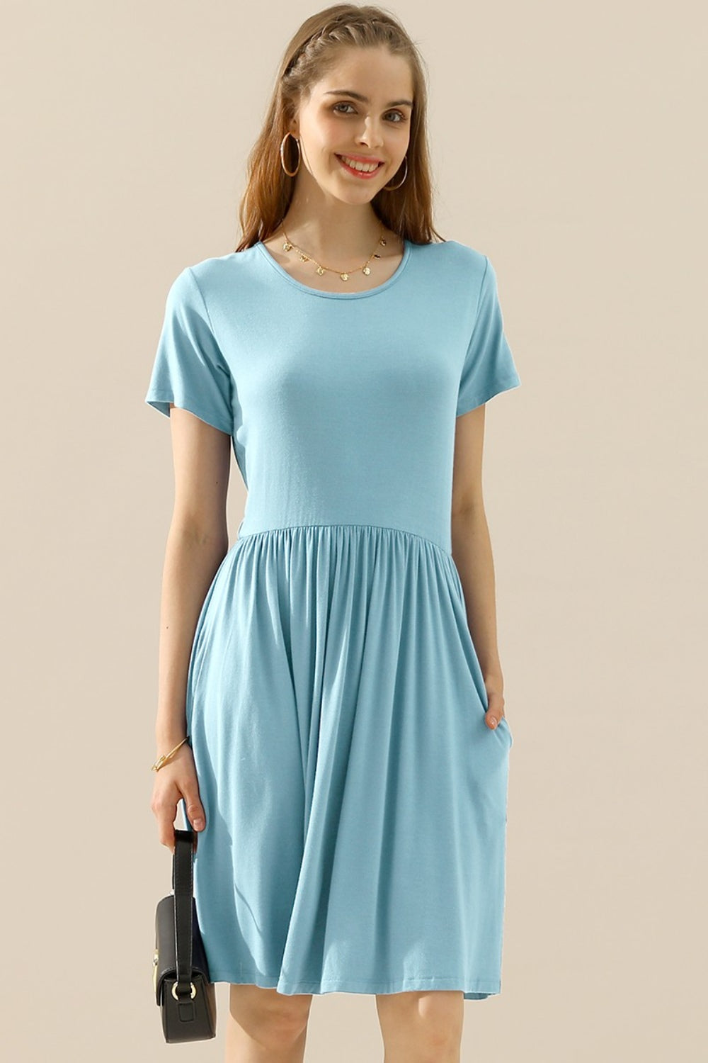 Ninexis Full Size Round Neck Ruched Dress with Pockets LT BLUE Cocktail Dresses