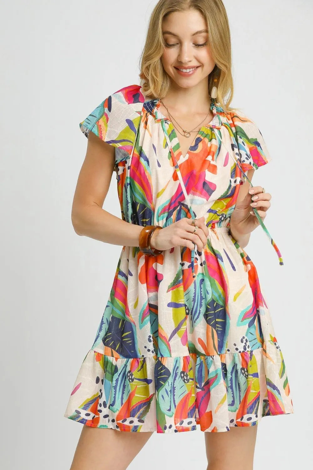Umgee Printed Tie Neck Ruffled Hem Dress Dresses - Casual Dresses