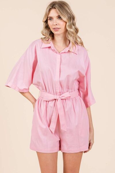 Mittoshop Tie Waist Half Sleeve Romper Pink Jumpsuits
