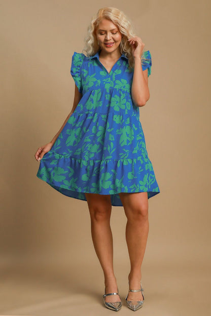 Umgee Full Size Floral Print Ruffle Cap Sleeve Tiered Dress Plus Size Casual Dresses