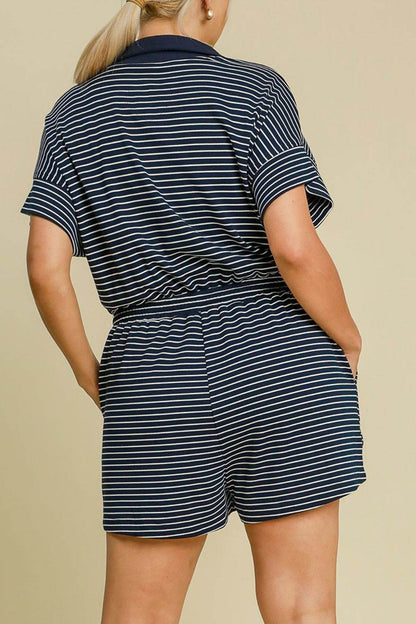 Umgee Full Size Half Zip Striped Romper Plus Size - Shop Style & More | Fresh Looks, Everyday Deals & Free Shipping