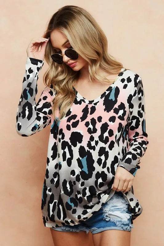 BiBi Gradation Leopard Print Soft Knit Deep U Neck Top - Shop Style & More | Fresh Looks, Everyday Deals & Free Shipping