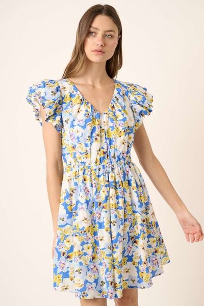 Mittoshop Floral V-Neck Cap Sleeve Mini Dress Casual Dresses