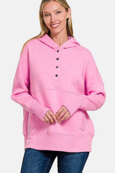 Zenana Half Snap Long Sleeve Hoodie with Kangaroo Pocket - Shop Style & More | Fresh Looks, Everyday Deals & Free Shipping