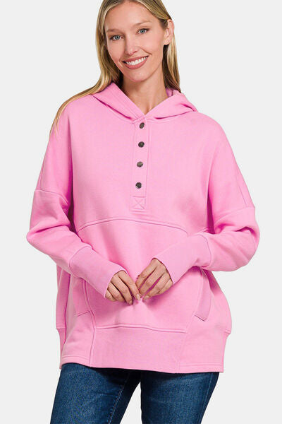 Zenana Half Snap Long Sleeve Hoodie with Kangaroo Pocket Fuchsia Pink Hoodies & Sweaters