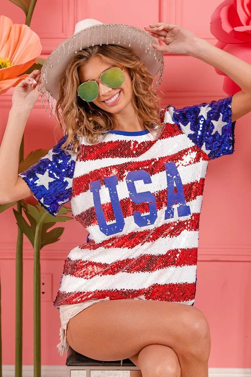 BiBi American Flag Theme USA Lettering Sequin Top - Shop Style & More | Fresh Looks, Everyday Deals & Free Shipping