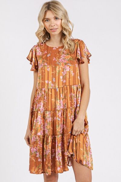 Mittoshop Flower Print Round Neck Flutter Sleeve Tiered Dress Caramel Casual Dresses