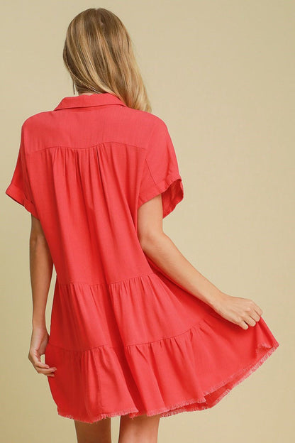 Umgee Full Size Raw Hem Folded Sleeve Tiered Dress Plus Size Casual Dresses