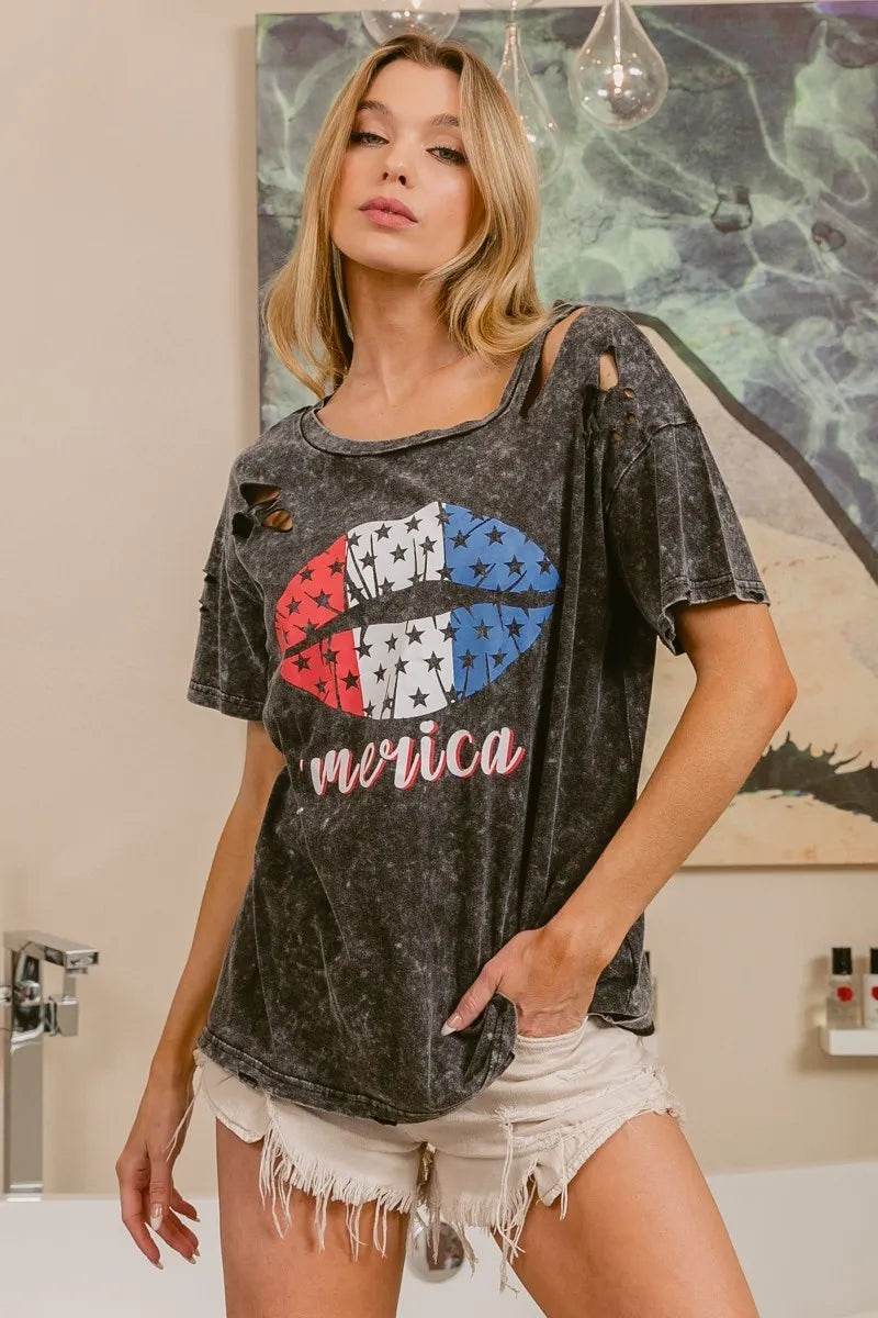 BiBi Laser Cut Mineral Washed Old Glory Lip Print Top - Shop Style & More | Fresh Looks, Everyday Deals & Free Shipping