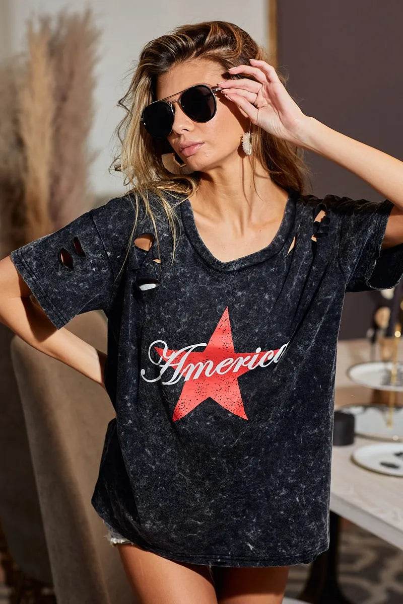 BiBi Laser Cut Mineral Washed Jersey Top with America - Shop Style & More | Fresh Looks, Everyday Deals & Free Shipping