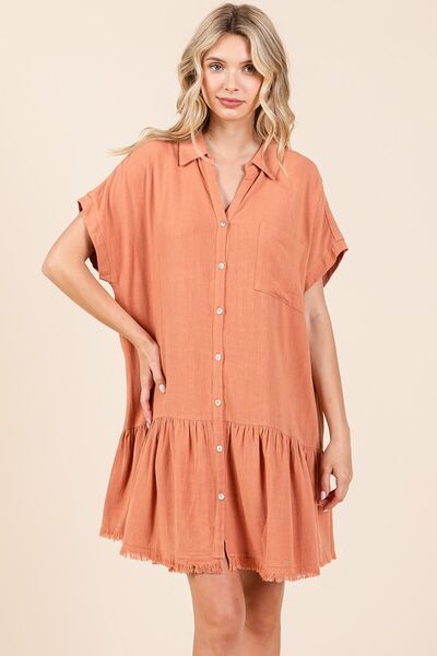 Mittoshop Linen Blend Button Down Shirt Mini Dress GINGER Casual Dresses