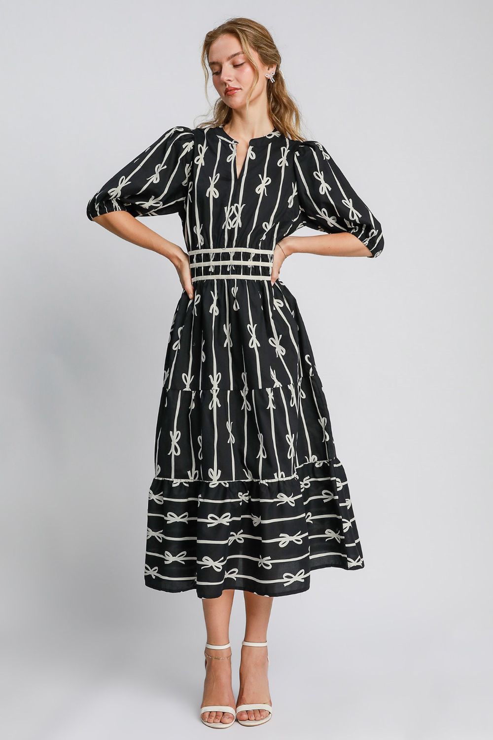 Umgee Bow Tie Print Notched Contrast Velvet Trim Midi Dress Casual Dresses