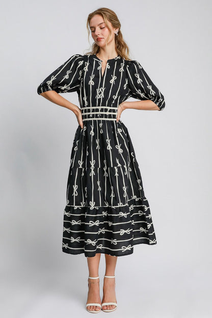 Umgee Bow Tie Print Notched Contrast Velvet Trim Midi Dress Casual Dresses