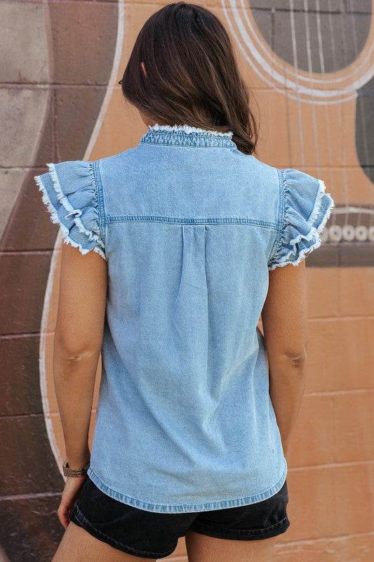 Ashlyn Ruffled Flutter Frayed Denim Top - Shop Style & More | Fresh Looks, Everyday Deals & Free Shipping