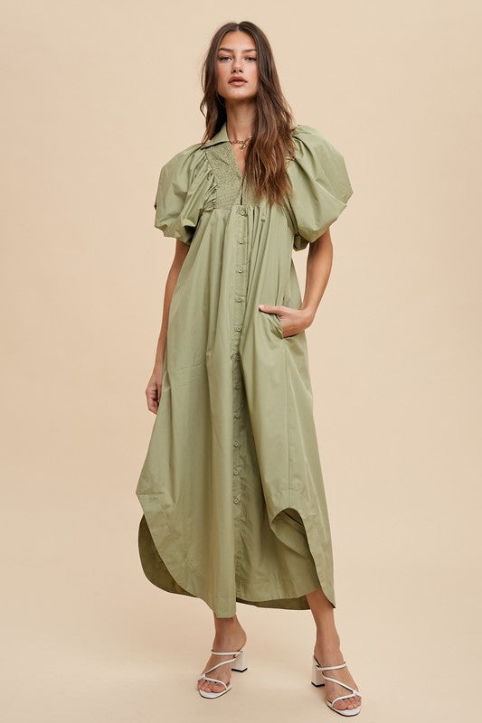 Annie Wear Smocked Puff Sleeve Midi Dress - Stylish and Comfortable Desert Sage Casual Dresses