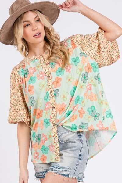 SAGE+FIG Button Down Bubble Sleeves Shirt Blouses