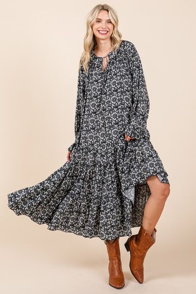 Mittoshop Printed Tie Neck Flounce Sleeve Midi Dress Casual Dresses