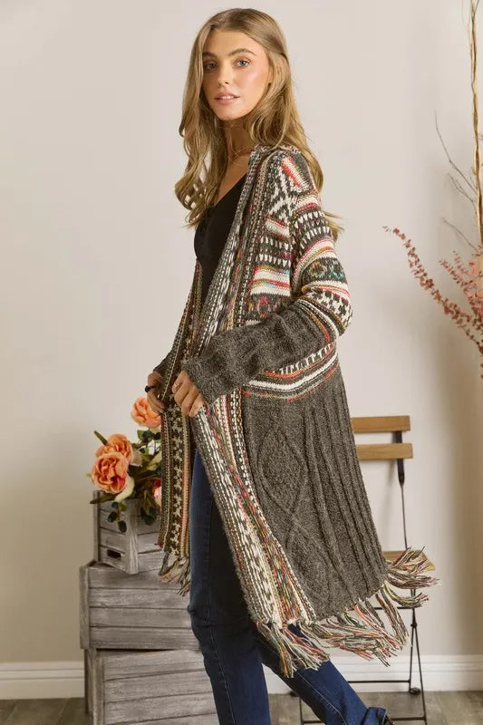 ADORA Full Size Fringe Hem Aztec Cardigan Plus Size Women's Outerwear