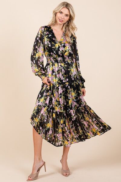 Mittoshop Flower Print Satin Lurex Stripe Smocked Midi Dress Casual Dresses