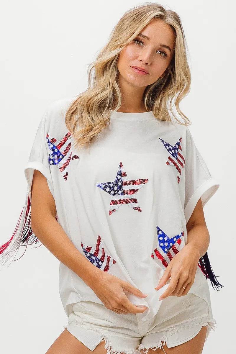BiBi American Flag Sequin Star Fringe Top - Shop Style & More | Fresh Looks, Everyday Deals & Free Shipping