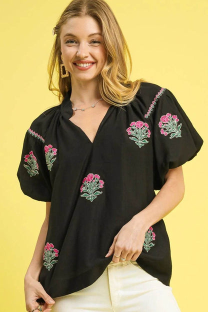 Umgee Floral Embroidered Puff Sleeve Blouse - Shop Style & More | Fresh Looks, Everyday Deals & Free Shipping